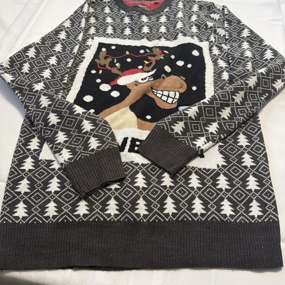 Brave Soul Reinbeer Christmas Sweater Mens Medium Grey Fair Isle Reindeer Y2K